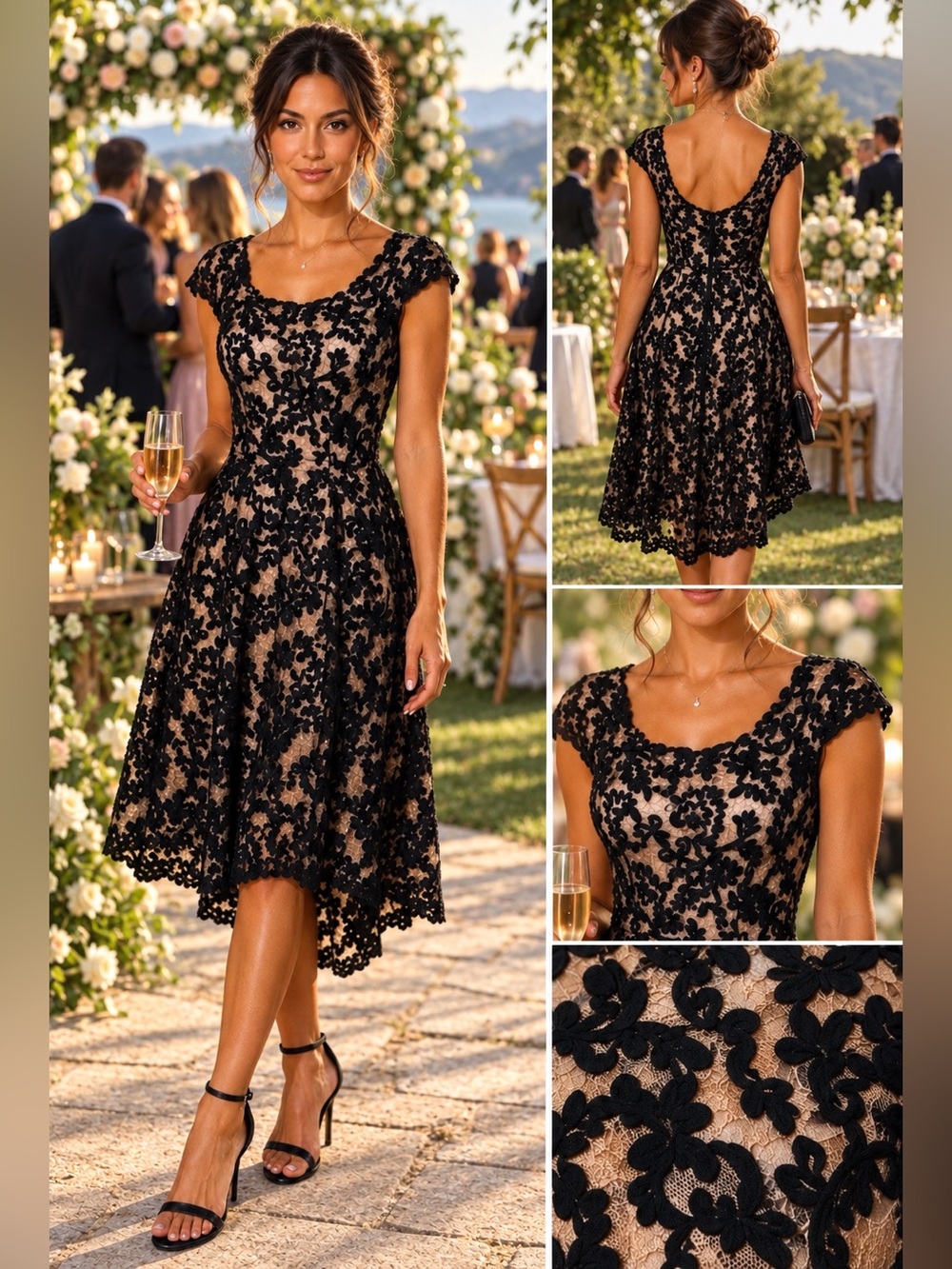 Yoana Baraschi Black Nude Sheer Lace Cocktail Dress Fit Flare S 0 2 4 6 Fairy